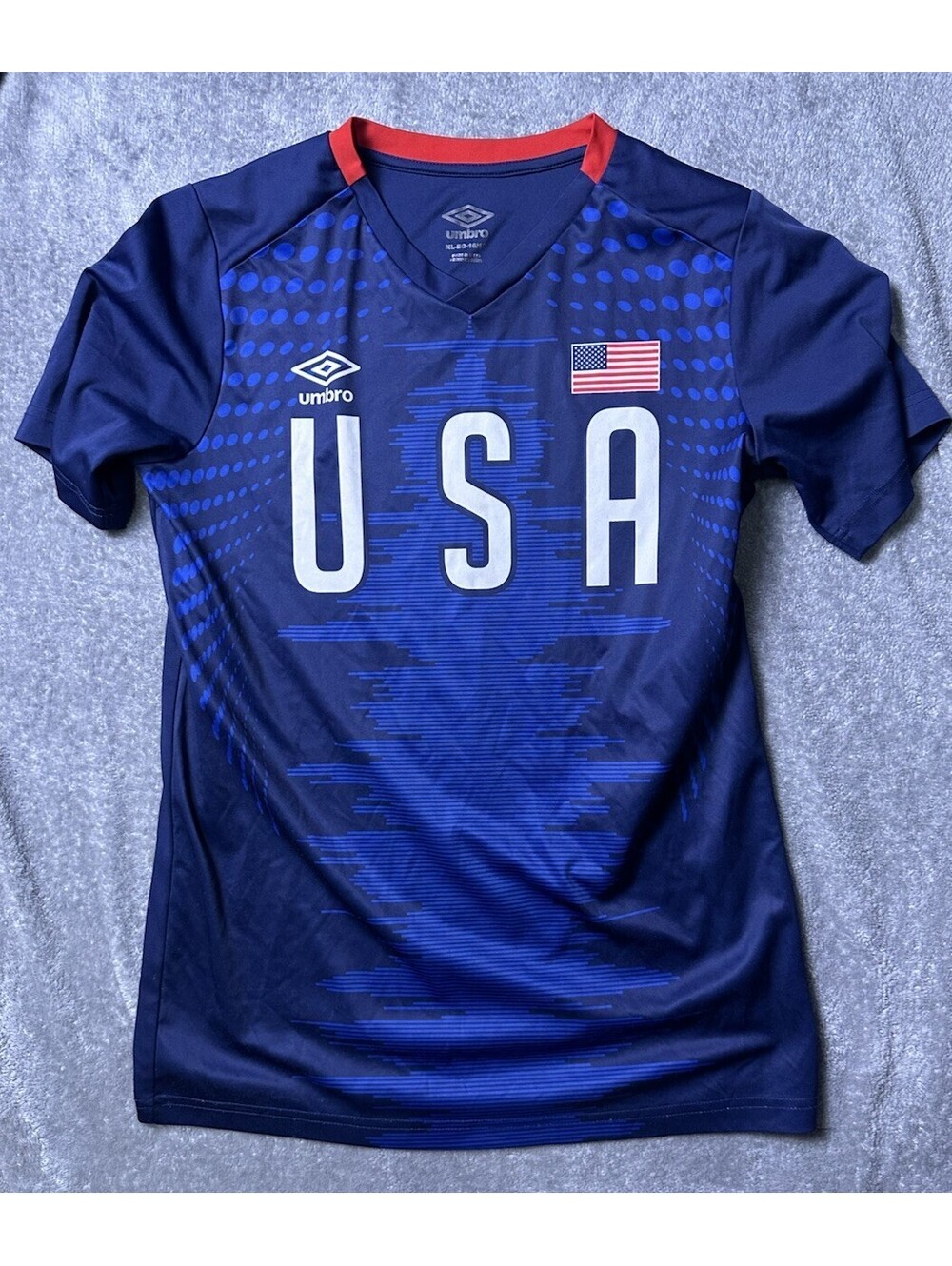 Umbro USA Soccer Jersey Youth XL 16/18 Navy Blue American Flag V Neck